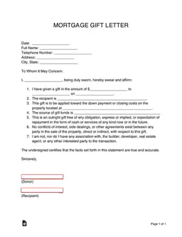Mortgage Gift Letter Declaration and Certification form preview