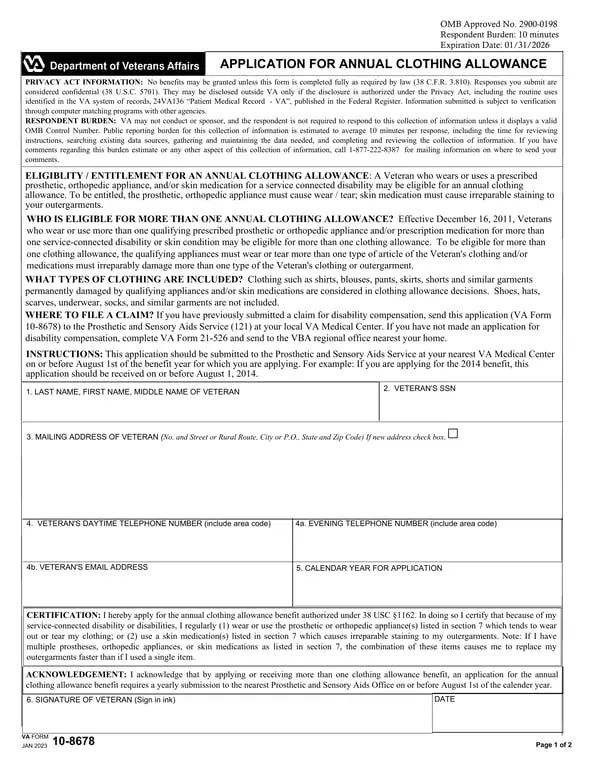 VA 10-8678: Annual Clothing Allowance Application for Veterans with Disabilities