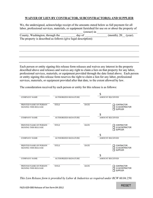 Washington State F625-029-000 Lien Release for Contractors and Suppliers