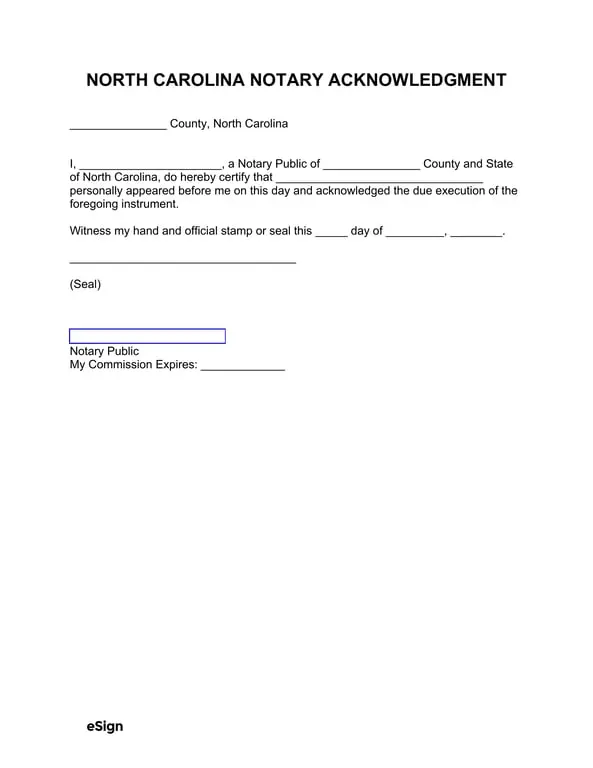 North Carolina Notary Acknowledgment for Signature Authenticity
