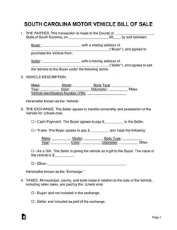 South Carolina Vehicle Sale and Purchase Agreement Details form preview
