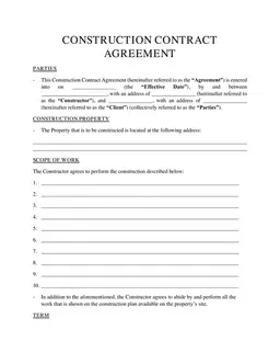 Construction Contract Agreement for Work Scope and Timeline Precision form preview