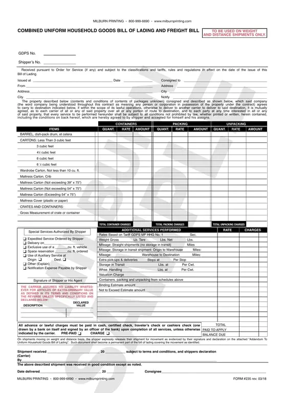 Georgia Household Goods Transportation Agreement Details - Bill of Lading