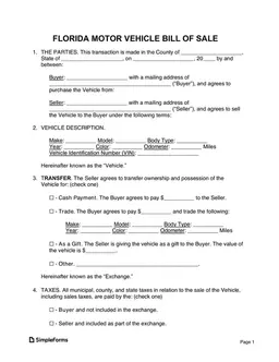 Florida Vehicle Transaction Record with VIN and Payment Details form preview