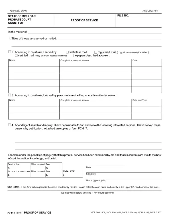 Michigan PC 564 Affidavit - Proof of Legal Document Service