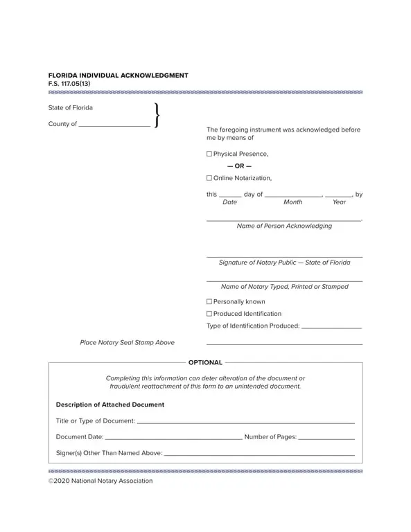 Florida Individual Acknowledgment Notarization F.S. 117.05(13)