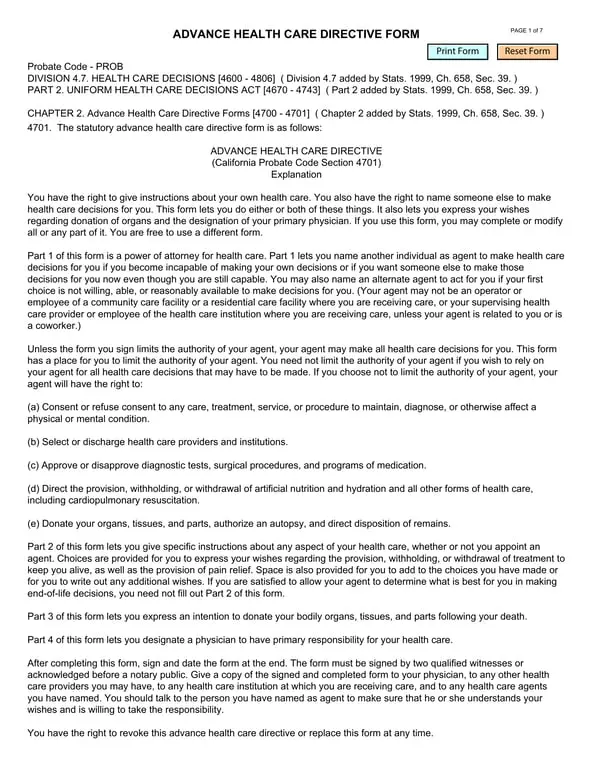 California Probate Code 4701 - Advance Health Care Directive