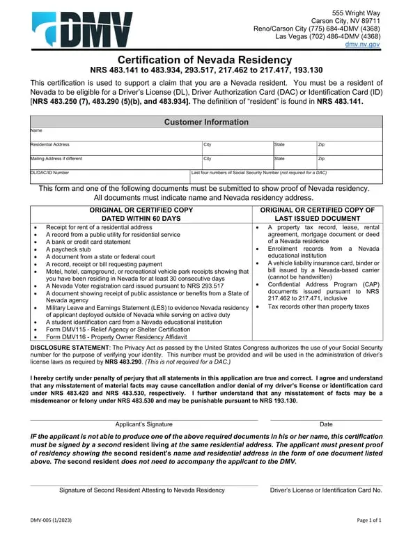Nevada Residence Affidavit