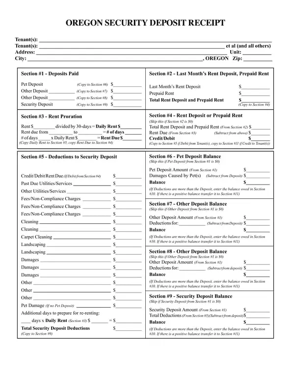 Oregon Security Deposit Deduction Calculator and Record