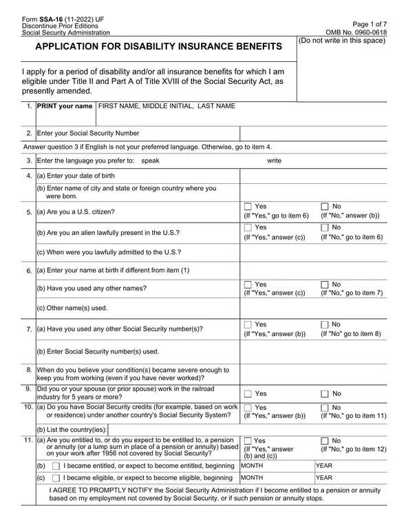 SSA-16 Application for Disability Insurance Benefits - Social Security Administration