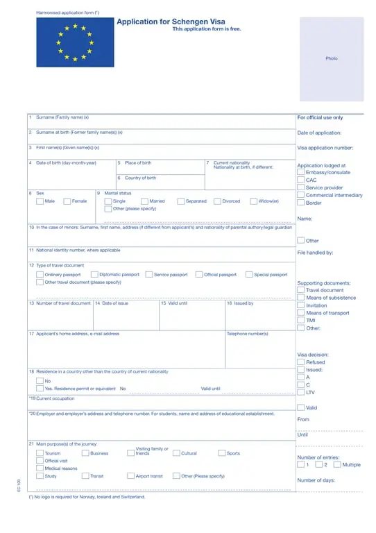 Schengen Visa Application - Editable PDF for Travel within the Schengen Zone