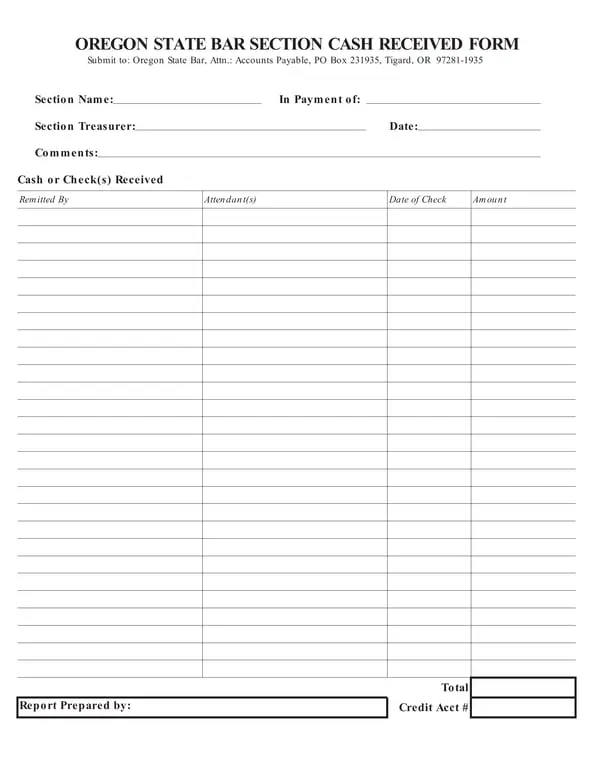 Oregon State Bar Section Cash Received Report