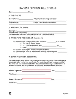 Kansas General Bill of Sale - Legal Document for Personal Property Transfer in Kansas form preview