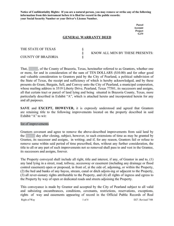 Texas General Warranty Deed for Property Transfer in Brazoria County