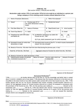 Kotak Mahindra Bank India No. 15G - Tax-Free Income Declaration form preview